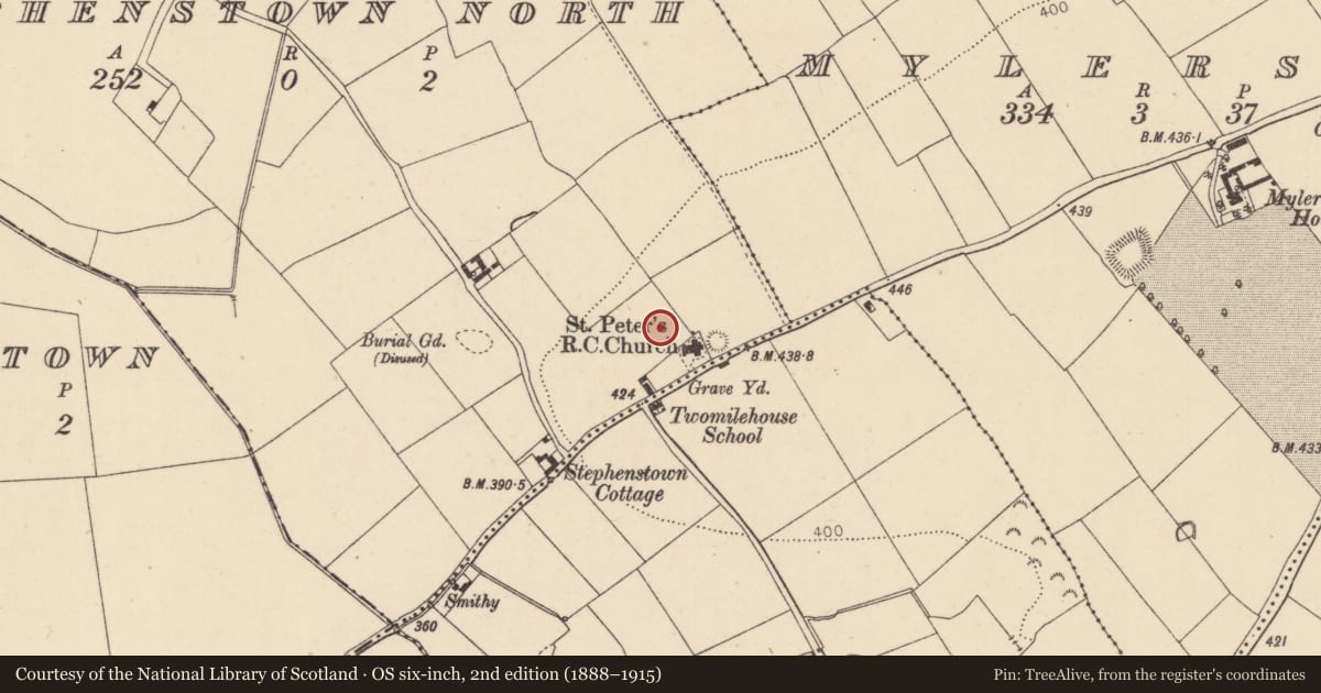 Ordnance Survey six-inch map, 2nd edition (1888–1915) covering the location of Font (present location), Stephenstown North, County Kildare, with a pin at the register's coordinates