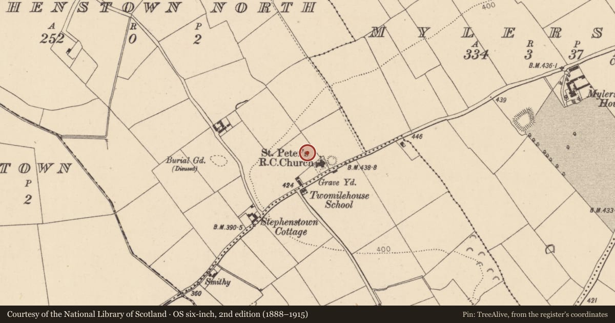 Ordnance Survey six-inch map, 2nd edition (1888–1915) covering the location of Font (present location), Stephenstown North, County Kildare, with a pin at the register's coordinates