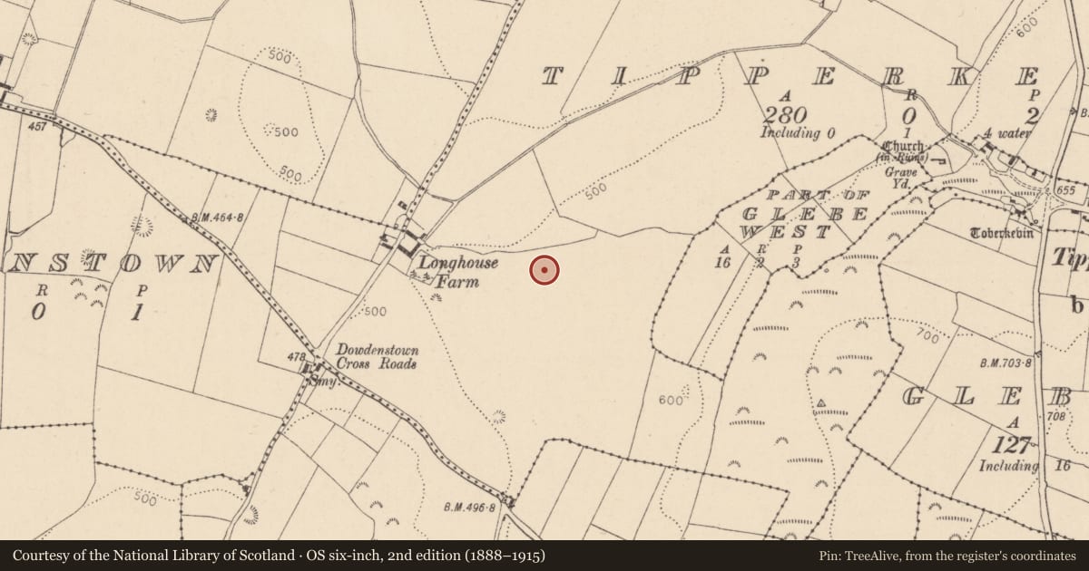 Ordnance Survey six-inch map, 2nd edition (1888–1915) covering the location of Ring-ditch, Tipperkevin, County Kildare, with a pin at the register's coordinates