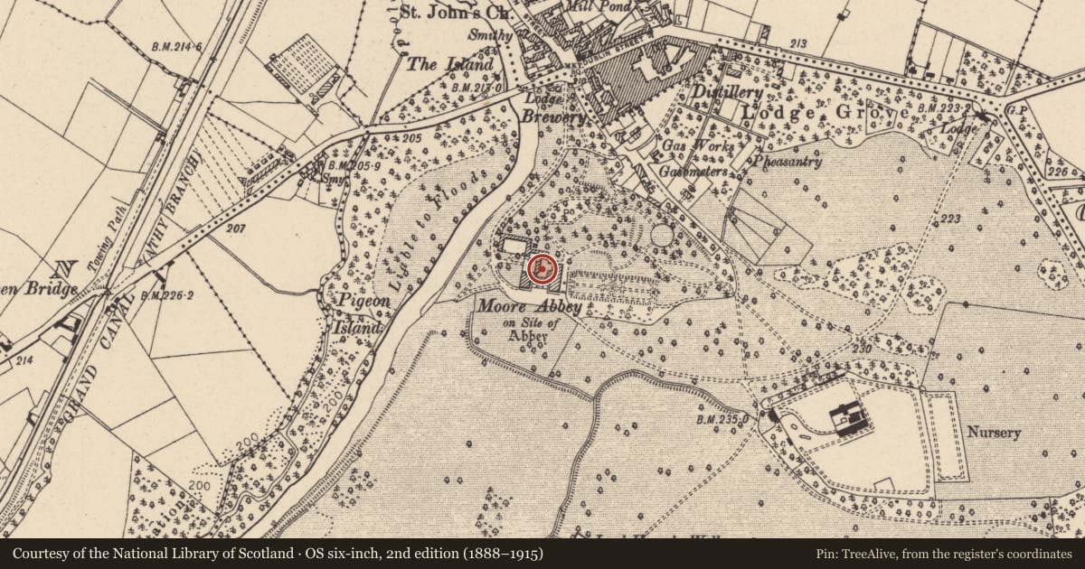 Ordnance Survey six-inch map, 2nd edition (1888–1915) covering the location of House - 17th century, Mooreabbey Demesne, County Kildare, with a pin at the register's coordinates