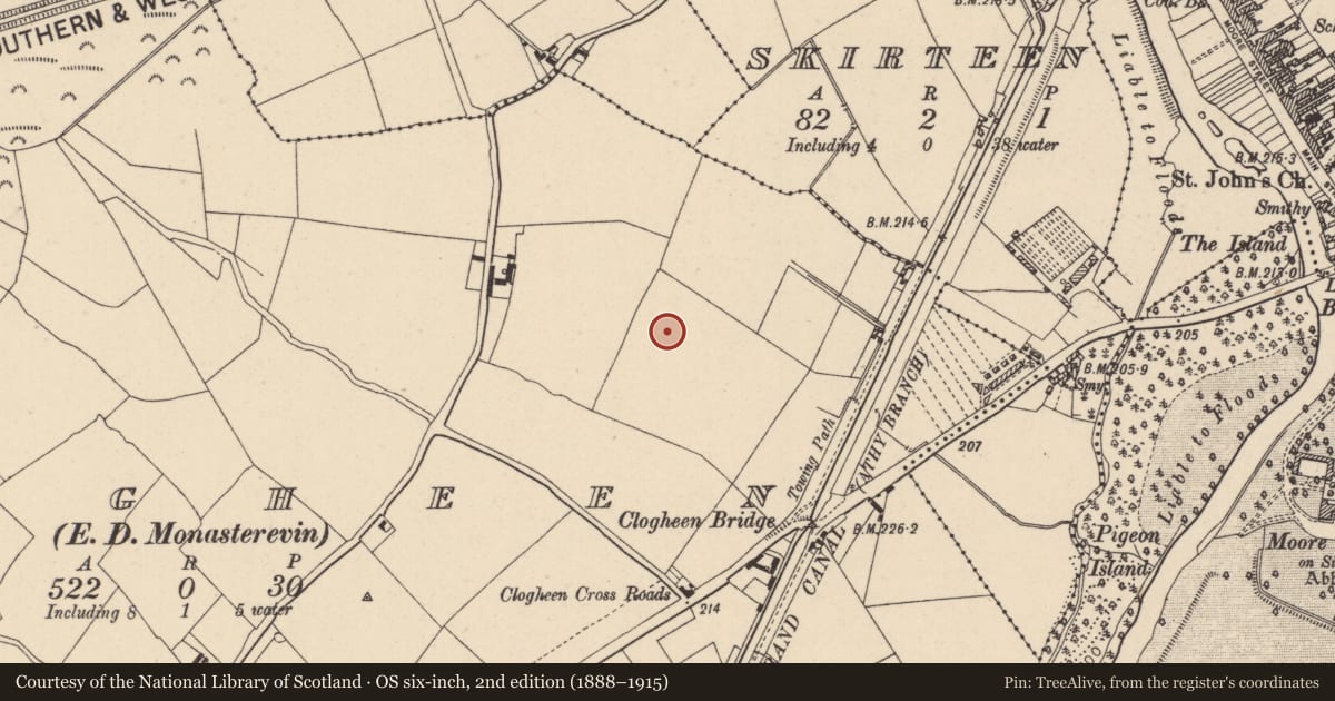Ordnance Survey six-inch map, 2nd edition (1888–1915) covering the location of Enclosure, Clogheen, County Kildare, with a pin at the register's coordinates