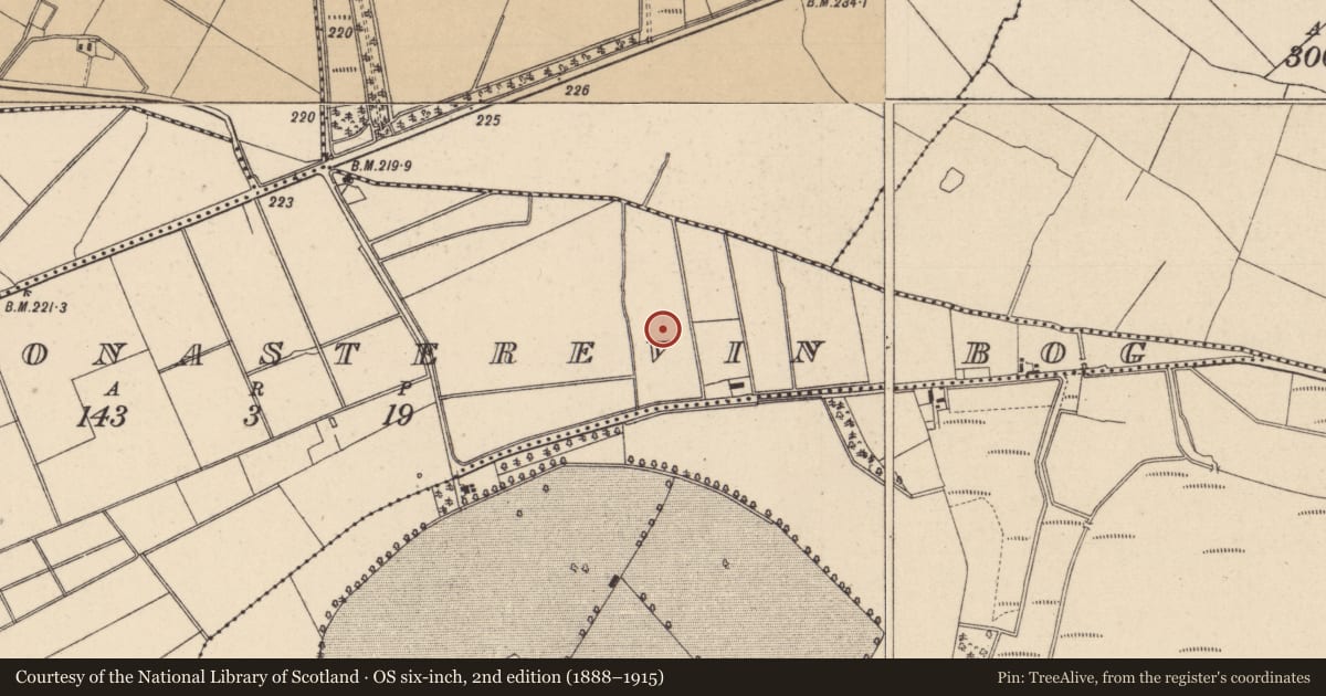 Ordnance Survey six-inch map, 2nd edition (1888–1915) covering the location of Enclosure, Monasterevin Bog, County Kildare, with a pin at the register's coordinates