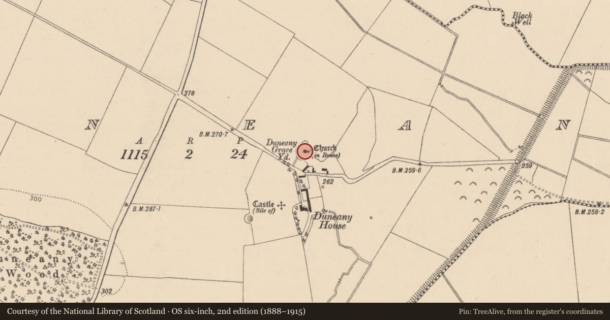 Ordnance Survey six-inch map, 2nd edition (1888–1915) covering the location of Graveyard, Duneany, County Kildare, with a pin at the register's coordinates