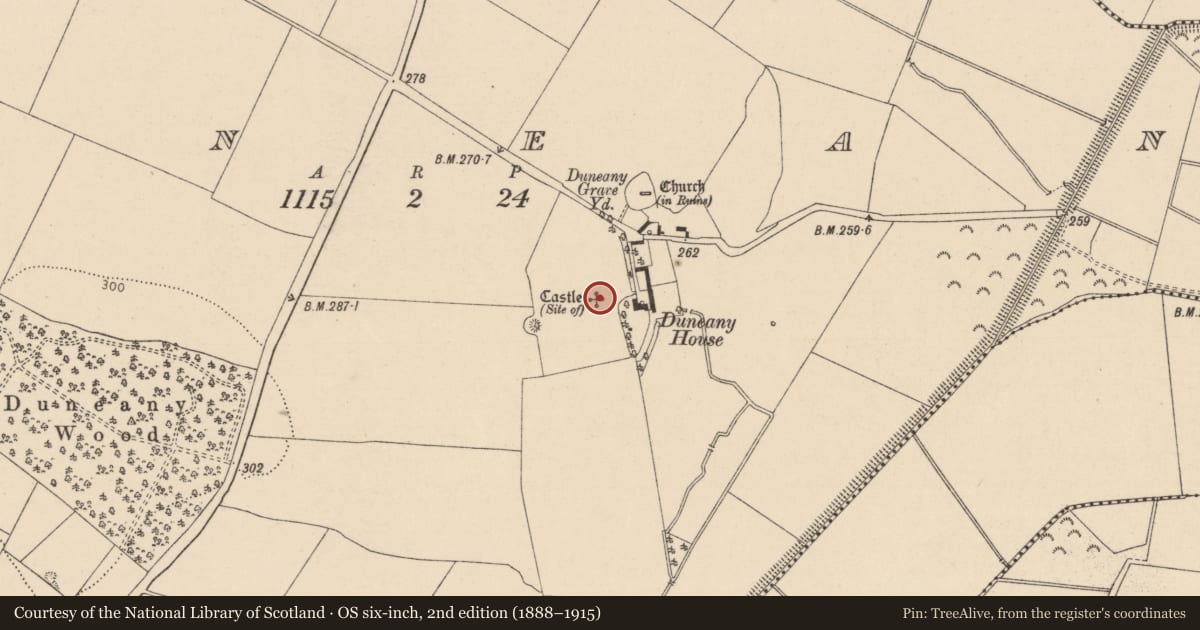 Ordnance Survey six-inch map, 2nd edition (1888–1915) covering the location of Castle - unclassified, Duneany, County Kildare, with a pin at the register's coordinates