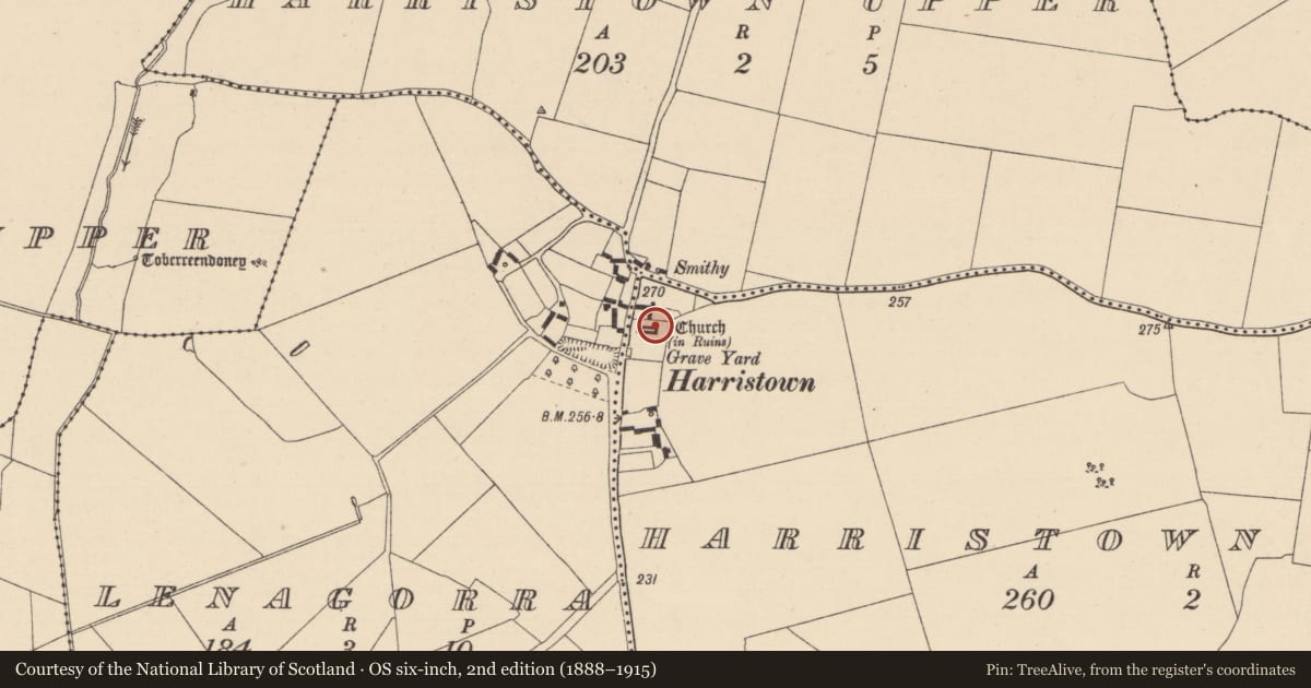 Ordnance Survey six-inch map, 2nd edition (1888–1915) covering the location of Church, Harristown Lower, County Kildare, with a pin at the register's coordinates