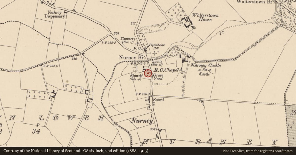 Ordnance Survey six-inch map, 2nd edition (1888–1915) covering the location of Church, Nurney, County Kildare, with a pin at the register's coordinates