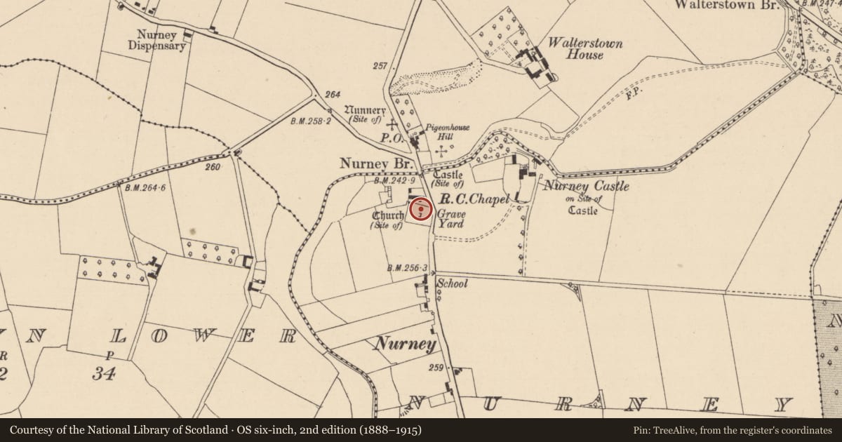 Ordnance Survey six-inch map, 2nd edition (1888–1915) covering the location of Graveyard, Nurney, County Kildare, with a pin at the register's coordinates