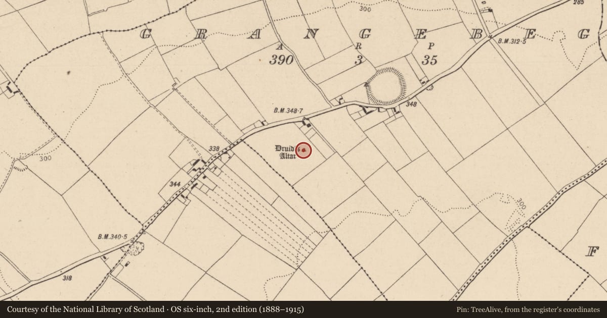 Ordnance Survey six-inch map, 2nd edition (1888–1915) covering the location of Megalithic structure, Grangebeg, County Kildare, with a pin at the register's coordinates