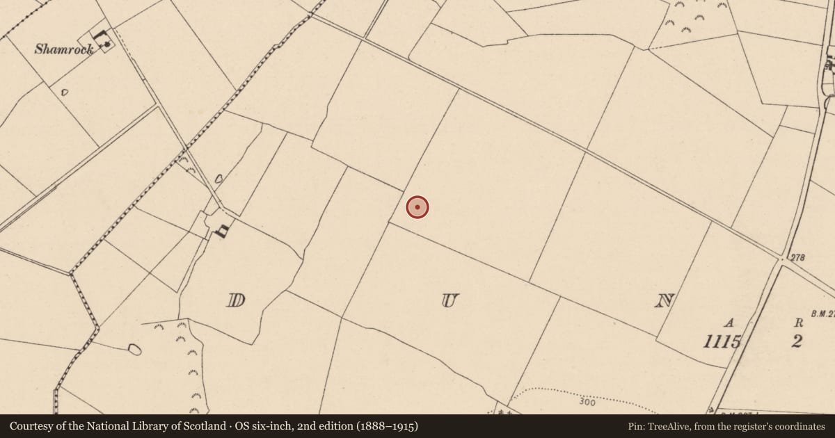 Ordnance Survey six-inch map, 2nd edition (1888–1915) covering the location of Enclosure, Duneany, County Kildare, with a pin at the register's coordinates
