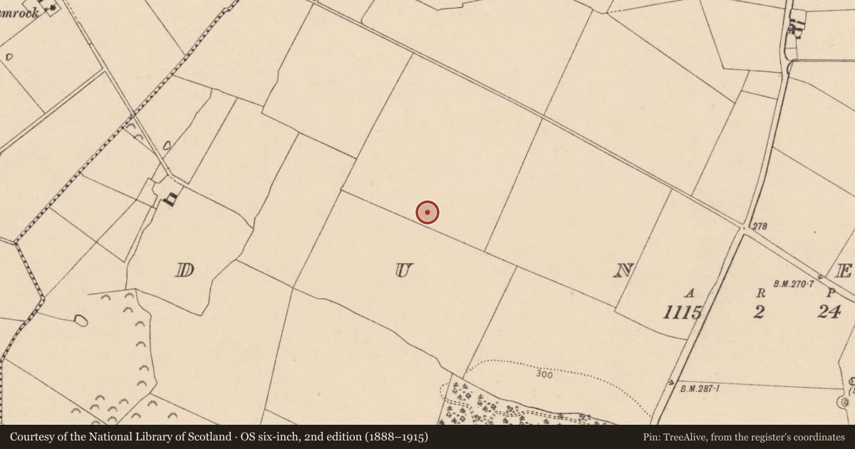 Ordnance Survey six-inch map, 2nd edition (1888–1915) covering the location of Enclosure, Duneany, County Kildare, with a pin at the register's coordinates