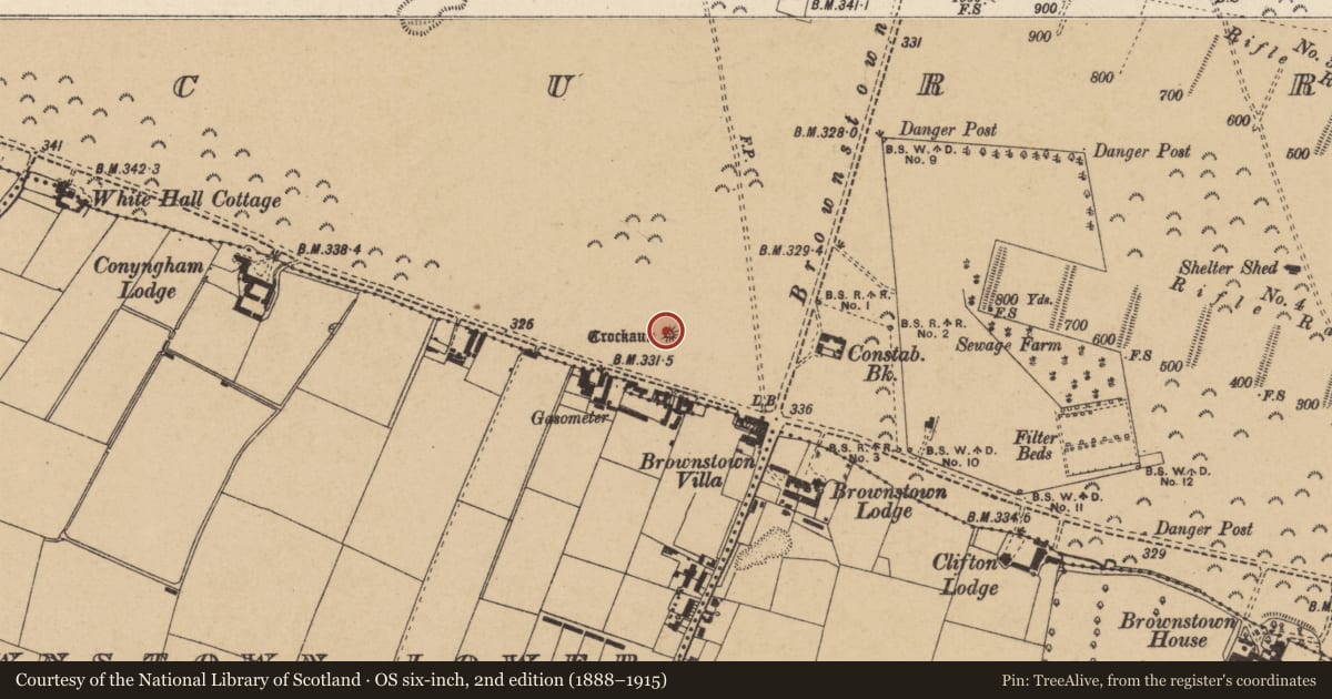 Ordnance Survey six-inch map, 2nd edition (1888–1915) covering the location of Barrow - ring-barrow, Curragh, County Kildare, with a pin at the register's coordinates