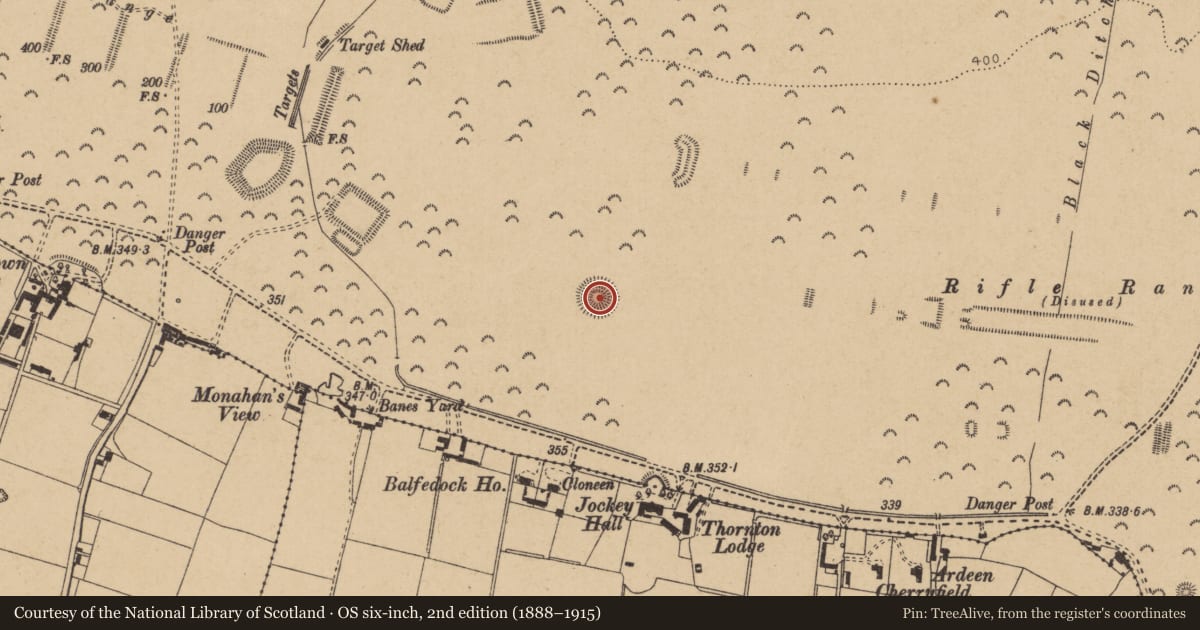 Ordnance Survey six-inch map, 2nd edition (1888–1915) covering the location of Barrow - ring-barrow, Curragh, County Kildare, with a pin at the register's coordinates