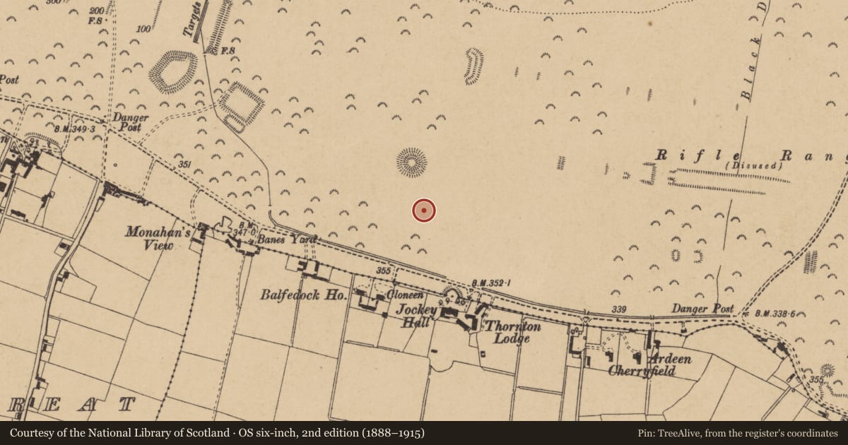 Ordnance Survey six-inch map, 2nd edition (1888–1915) covering the location of Barrow - ring-barrow, Curragh, County Kildare, with a pin at the register's coordinates