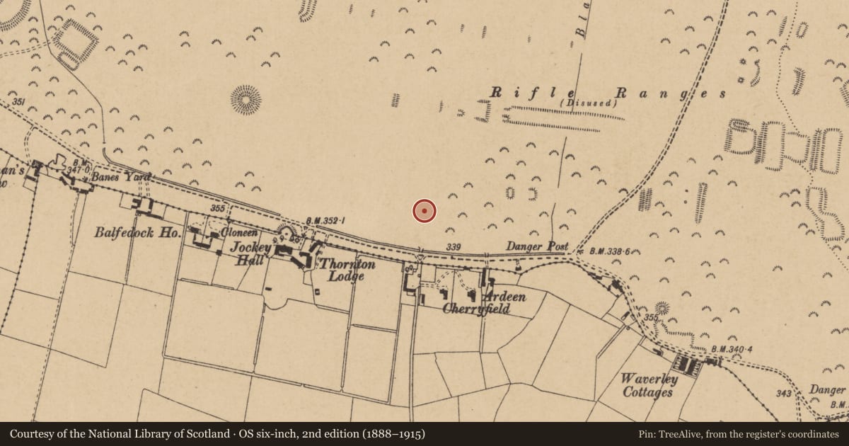 Ordnance Survey six-inch map, 2nd edition (1888–1915) covering the location of Barrow - ring-barrow, Curragh, County Kildare, with a pin at the register's coordinates