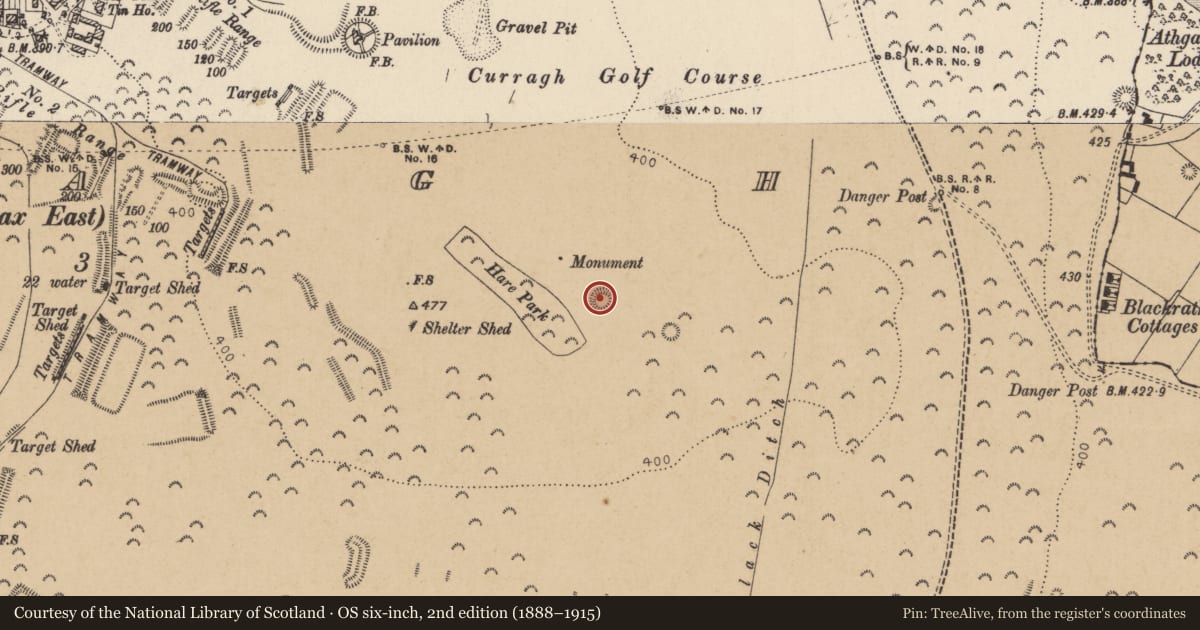 Ordnance Survey six-inch map, 2nd edition (1888–1915) covering the location of Barrow - ring-barrow, Curragh, County Kildare, with a pin at the register's coordinates