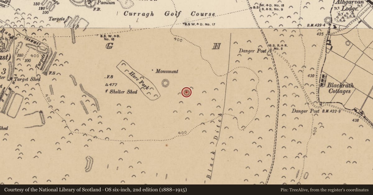 Ordnance Survey six-inch map, 2nd edition (1888–1915) covering the location of Barrow - ring-barrow, Curragh, County Kildare, with a pin at the register's coordinates