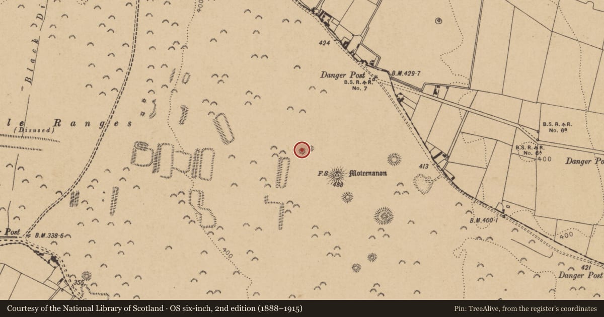 Ordnance Survey six-inch map, 2nd edition (1888–1915) covering the location of Barrow - ditch barrow, Curragh, County Kildare, with a pin at the register's coordinates