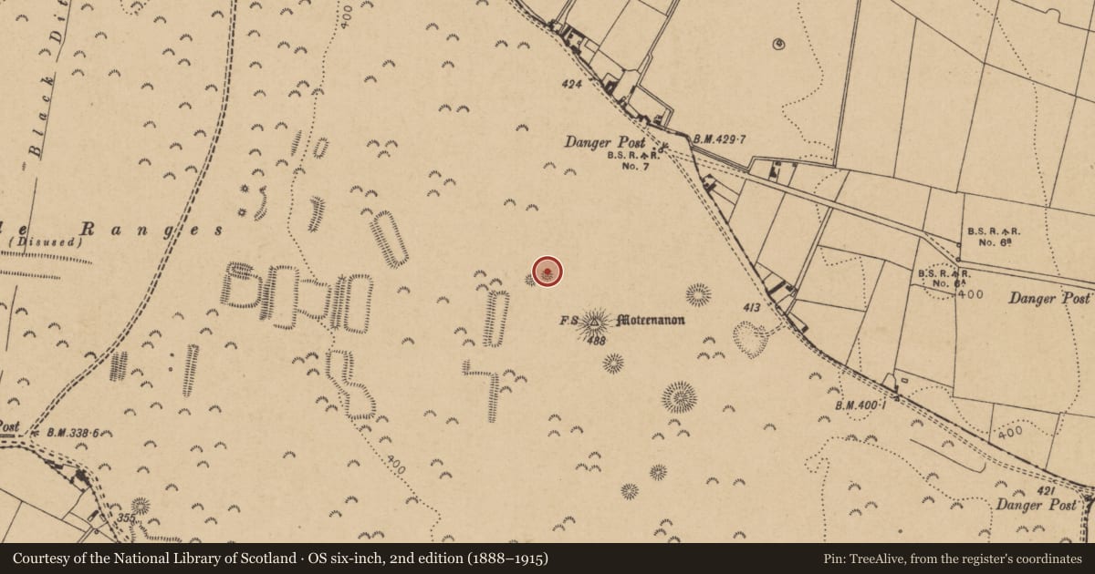 Ordnance Survey six-inch map, 2nd edition (1888–1915) covering the location of Barrow - ring-barrow, Curragh, County Kildare, with a pin at the register's coordinates