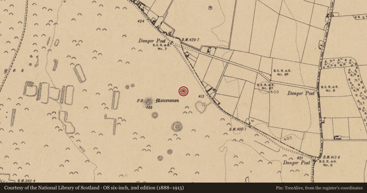Ordnance Survey six-inch map, 2nd edition (1888–1915) covering the location of Barrow - ring-barrow, Curragh, County Kildare, with a pin at the register's coordinates