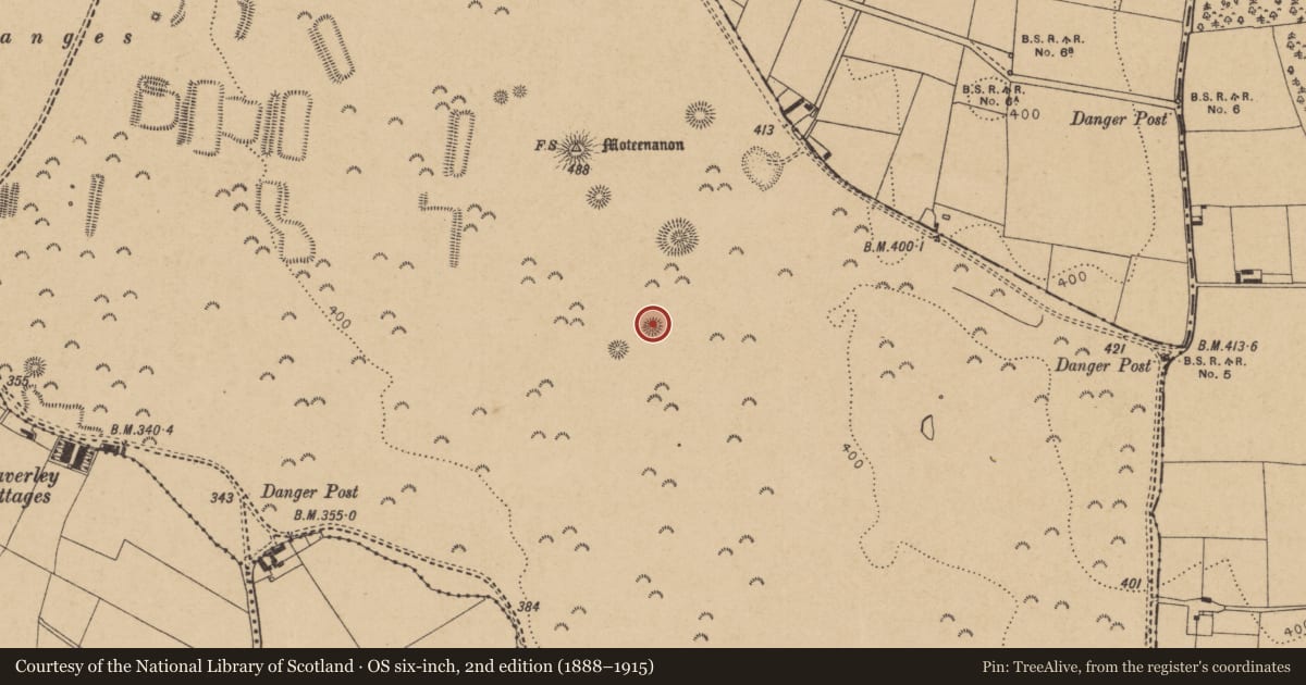 Ordnance Survey six-inch map, 2nd edition (1888–1915) covering the location of Barrow - ring-barrow, Curragh, County Kildare, with a pin at the register's coordinates
