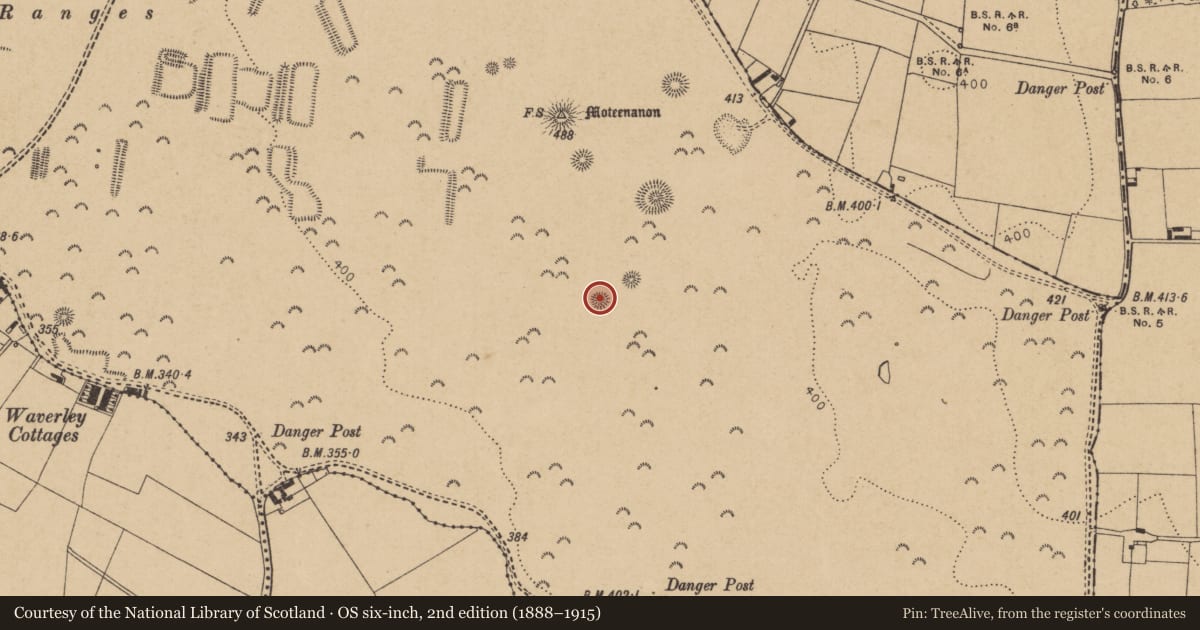 Ordnance Survey six-inch map, 2nd edition (1888–1915) covering the location of Barrow - ring-barrow, Curragh, County Kildare, with a pin at the register's coordinates