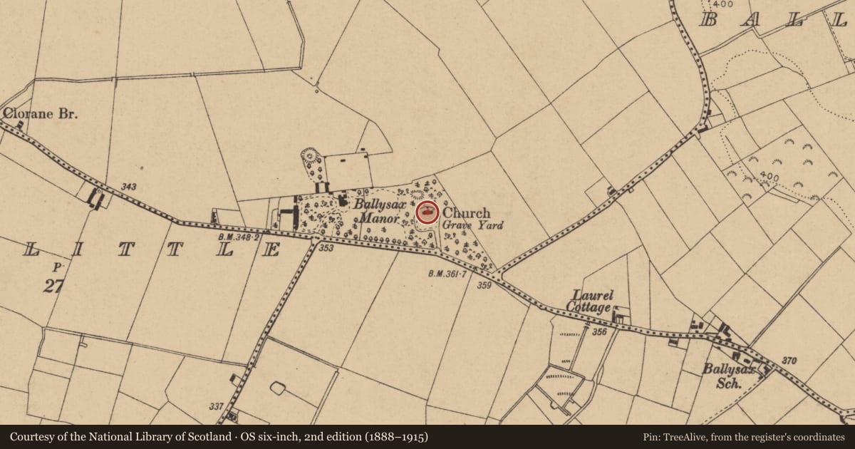 Ordnance Survey six-inch map, 2nd edition (1888–1915) covering the location of Church, Ballysax Great, County Kildare, with a pin at the register's coordinates