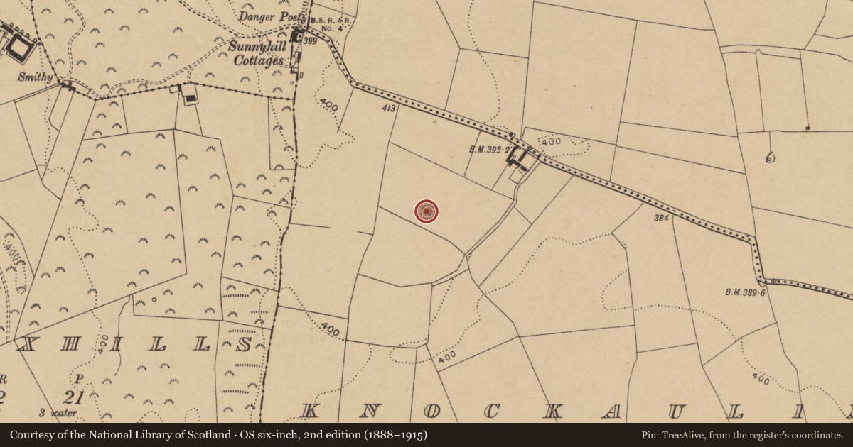 Ordnance Survey six-inch map, 2nd edition (1888–1915) covering the location of Barrow - stepped barrow, Knockaulin, County Kildare, with a pin at the register's coordinates