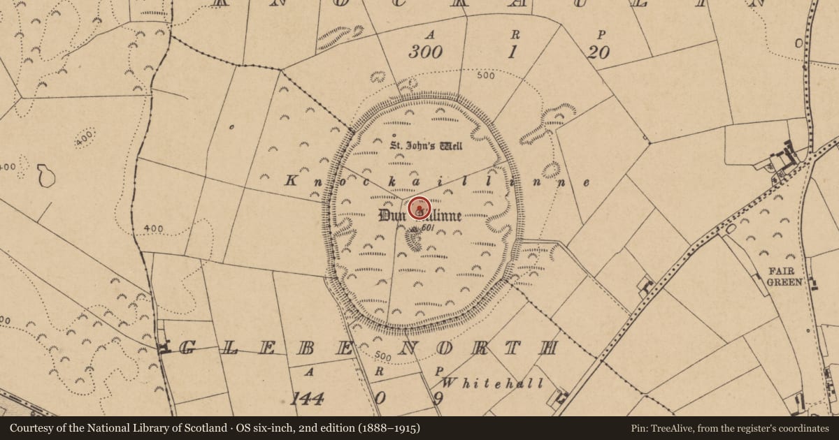 Ordnance Survey six-inch map, 2nd edition (1888–1915) covering the location of Ceremonial enclosure, Glebe North, Knockaulin, County Kildare, with a pin at the register's coordinates