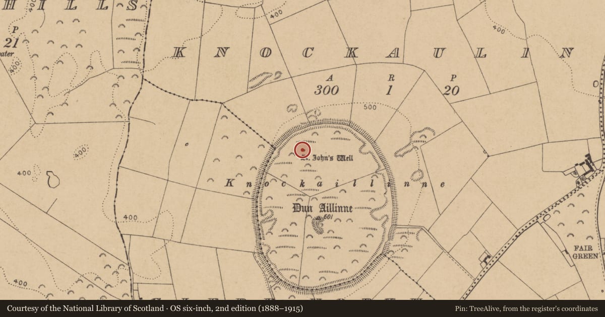 Ordnance Survey six-inch map, 2nd edition (1888–1915) covering the location of Ritual site - holy well, Knockaulin, County Kildare, with a pin at the register's coordinates