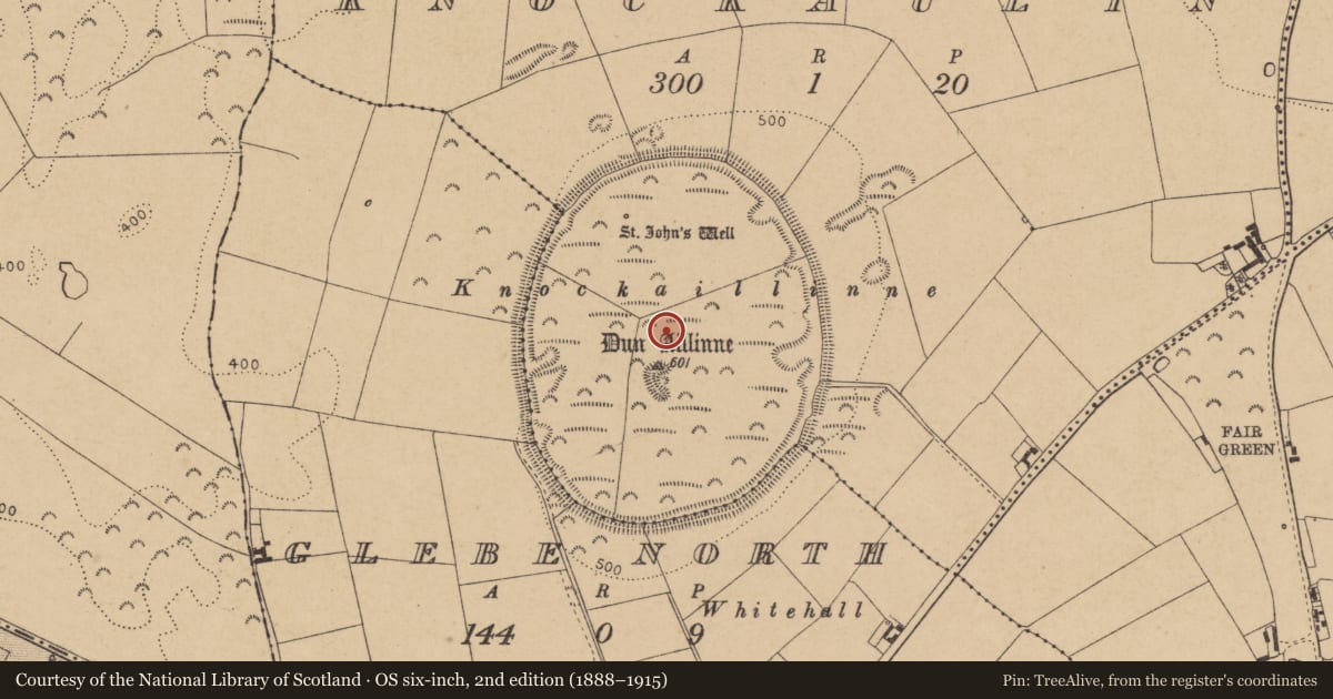 Ordnance Survey six-inch map, 2nd edition (1888–1915) covering the location of Habitation site, Knockaulin, County Kildare, with a pin at the register's coordinates