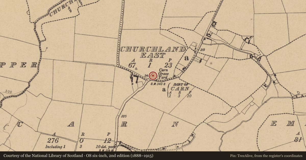 Ordnance Survey six-inch map, 2nd edition (1888–1915) covering the location of Graveyard, Churchland East, County Kildare, with a pin at the register's coordinates