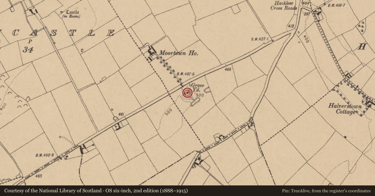 Ordnance Survey six-inch map, 2nd edition (1888–1915) covering the location of Enclosure, Moortown, County Kildare, with a pin at the register's coordinates