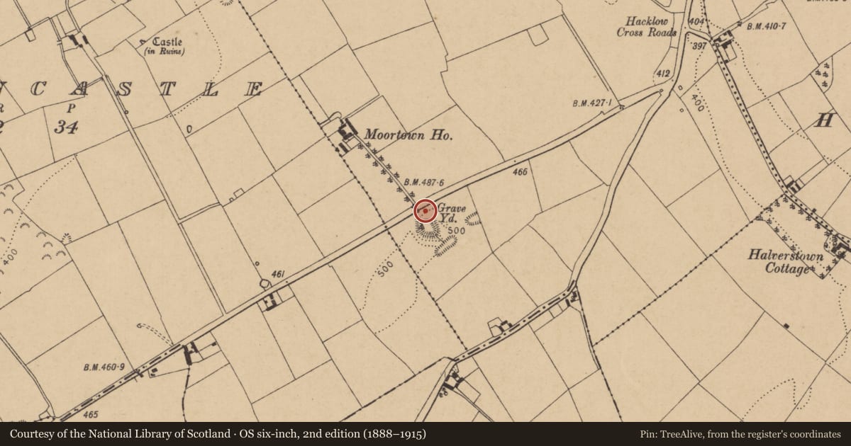Ordnance Survey six-inch map, 2nd edition (1888–1915) covering the location of Graveyard, Moortown, County Kildare, with a pin at the register's coordinates