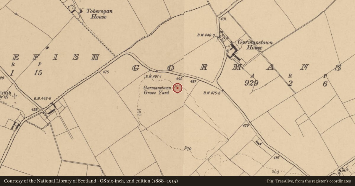 Ordnance Survey six-inch map, 2nd edition (1888–1915) covering the location of Burial ground, Gormanstown, County Kildare, with a pin at the register's coordinates