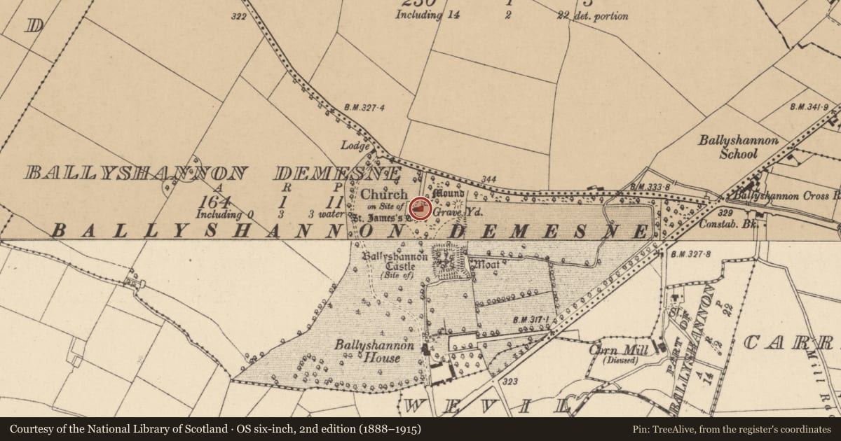 Ordnance Survey six-inch map, 2nd edition (1888–1915) covering the location of Church, Ballyshannon Demesne, County Kildare, with a pin at the register's coordinates
