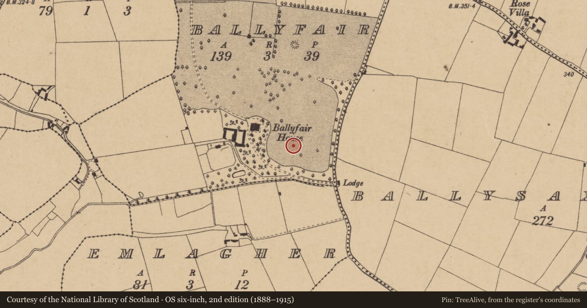 Ordnance Survey six-inch map, 2nd edition (1888–1915) covering the location of Enclosure, Ballyfair, County Kildare, with a pin at the register's coordinates