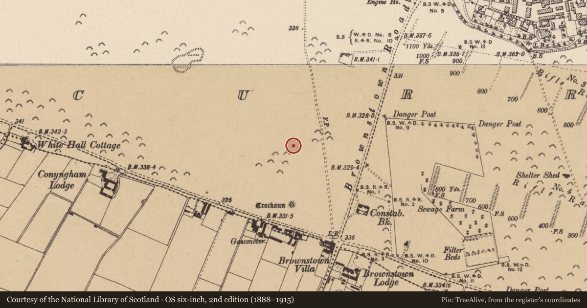 Ordnance Survey six-inch map, 2nd edition (1888–1915) covering the location of Barrow - ring-barrow, Curragh, County Kildare, with a pin at the register's coordinates