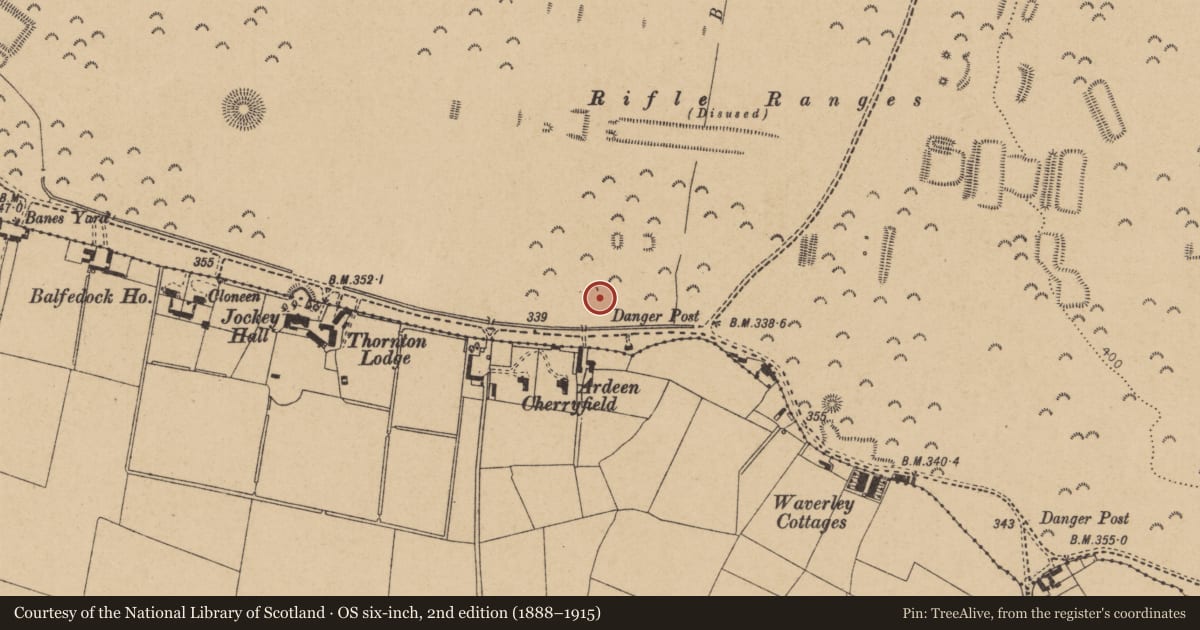 Ordnance Survey six-inch map, 2nd edition (1888–1915) covering the location of Barrow - ring-barrow, Curragh, County Kildare, with a pin at the register's coordinates