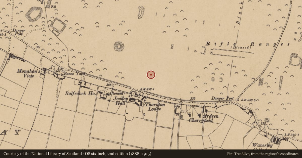 Ordnance Survey six-inch map, 2nd edition (1888–1915) covering the location of Barrow - ring-barrow, Curragh, County Kildare, with a pin at the register's coordinates