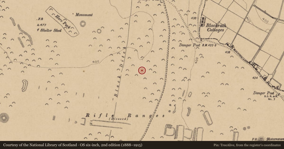 Ordnance Survey six-inch map, 2nd edition (1888–1915) covering the location of Barrow - stepped barrow, Curragh, County Kildare, with a pin at the register's coordinates
