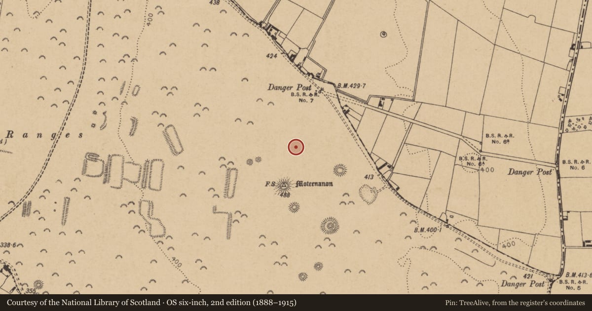 Ordnance Survey six-inch map, 2nd edition (1888–1915) covering the location of Barrow - ring-barrow, Curragh, County Kildare, with a pin at the register's coordinates