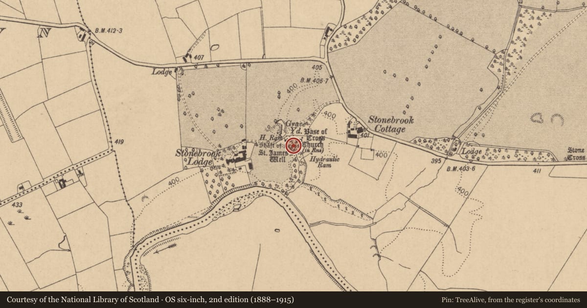 Ordnance Survey six-inch map, 2nd edition (1888–1915) covering the location of Ritual site - holy well, Coghlanstown West, County Kildare, with a pin at the register's coordinates