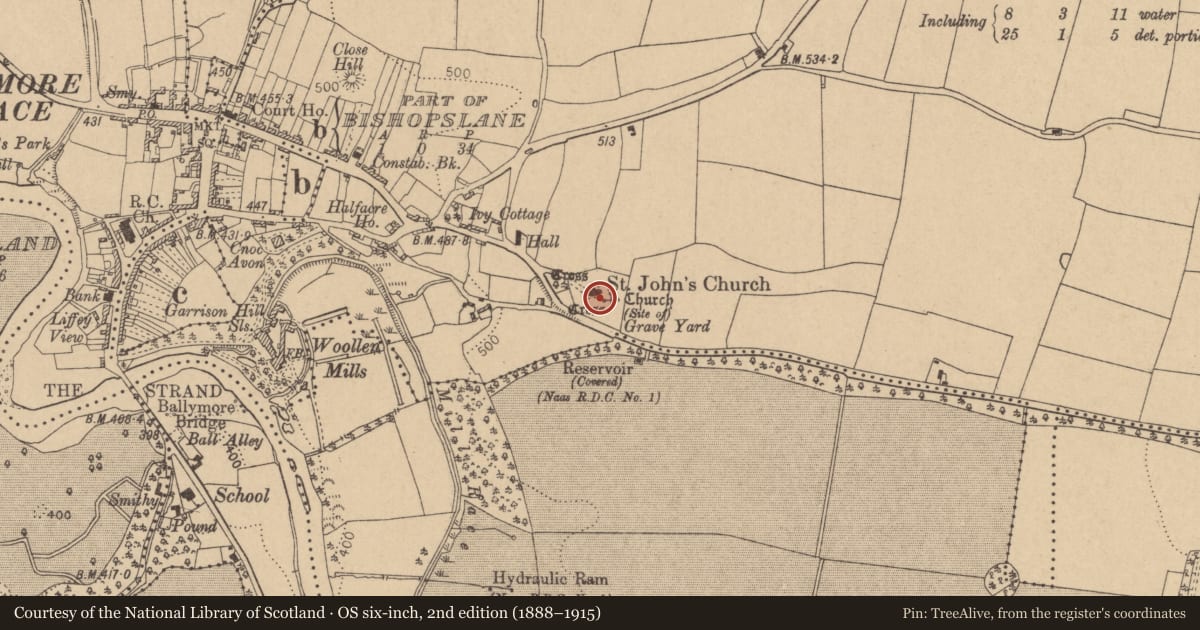 Ordnance Survey six-inch map, 2nd edition (1888–1915) covering the location of Graveyard, Ballymore Eustace East, County Kildare, with a pin at the register's coordinates