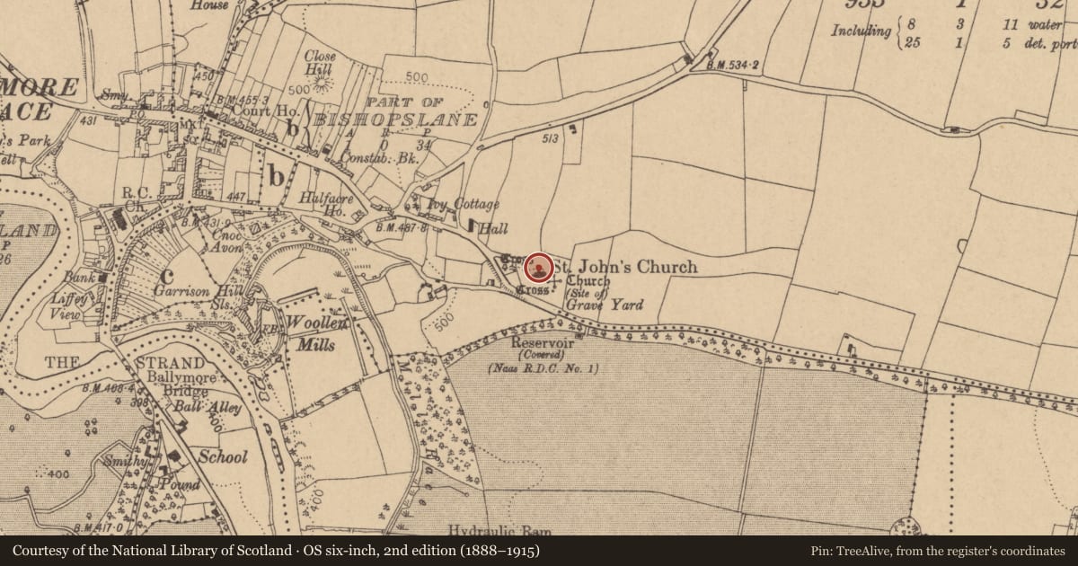 Ordnance Survey six-inch map, 2nd edition (1888–1915) covering the location of Cross - High cross, Ballymore Eustace East, County Kildare, with a pin at the register's coordinates