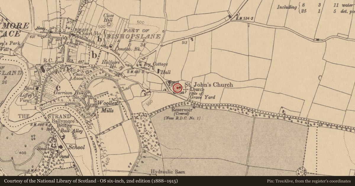 Ordnance Survey six-inch map, 2nd edition (1888–1915) covering the location of Cross-slab, Ballymore Eustace East, County Kildare, with a pin at the register's coordinates