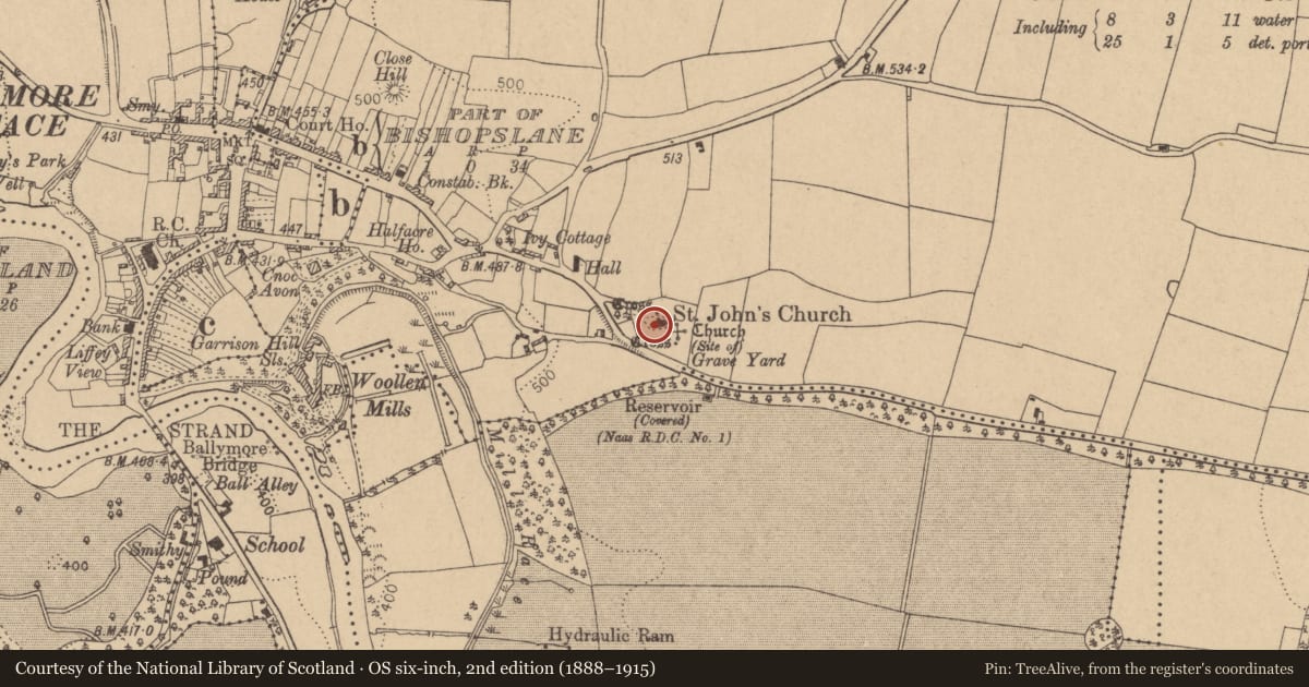 Ordnance Survey six-inch map, 2nd edition (1888–1915) covering the location of Font, Ballymore Eustace East, County Kildare, with a pin at the register's coordinates