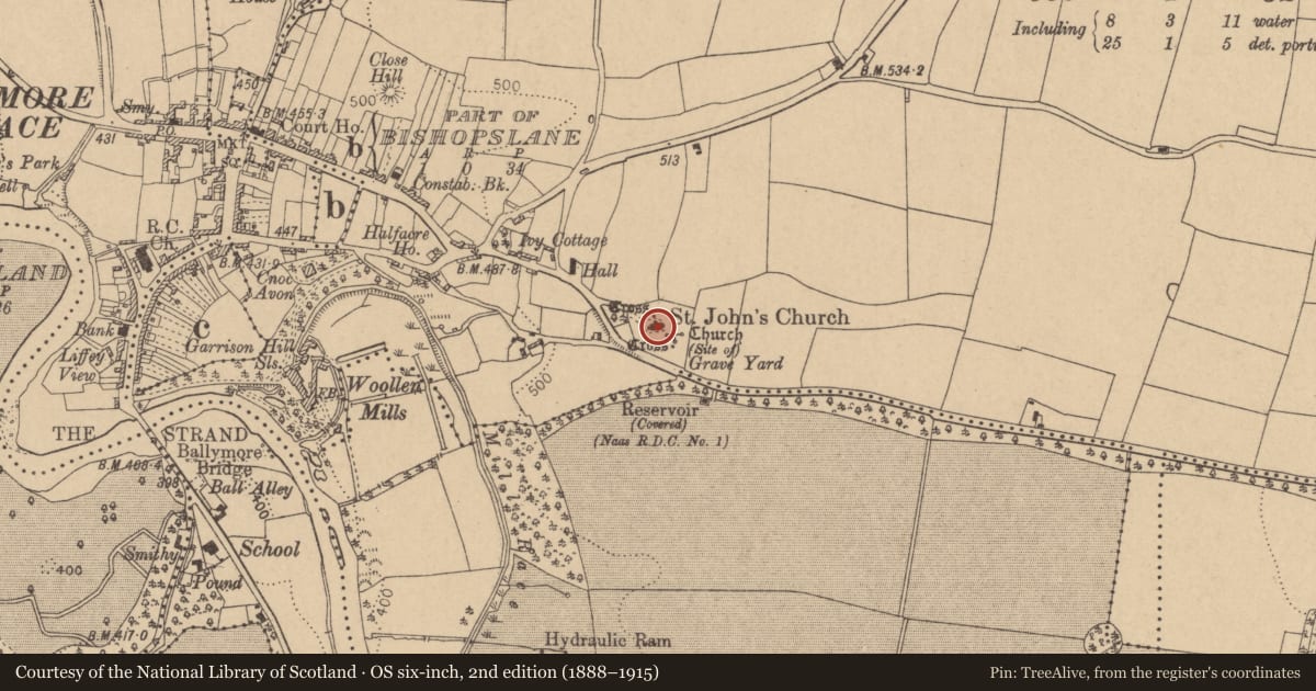 Ordnance Survey six-inch map, 2nd edition (1888–1915) covering the location of Tomb - effigial (present location), Ballymore Eustace East, County Kildare, with a pin at the register's coordinates