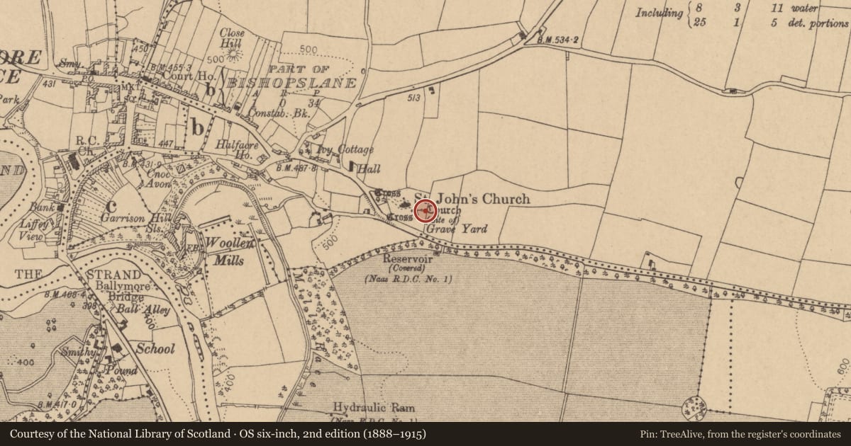 Ordnance Survey six-inch map, 2nd edition (1888–1915) covering the location of Holed stone, Ballymore Eustace East, County Kildare, with a pin at the register's coordinates