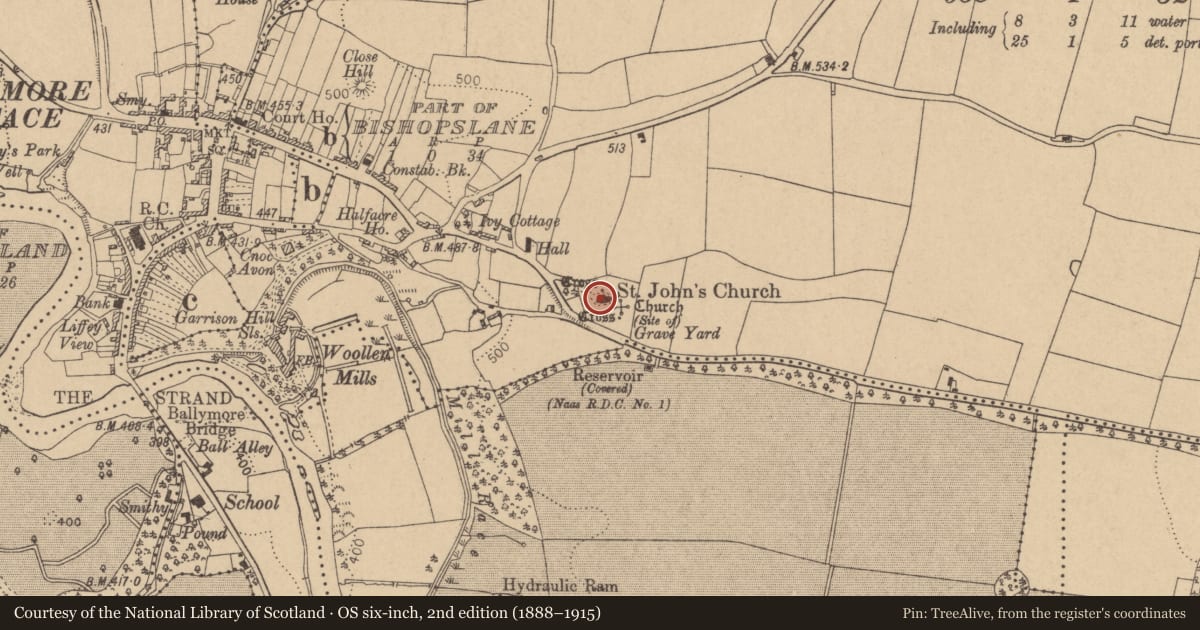 Ordnance Survey six-inch map, 2nd edition (1888–1915) covering the location of Font, Ballymore Eustace East, County Kildare, with a pin at the register's coordinates