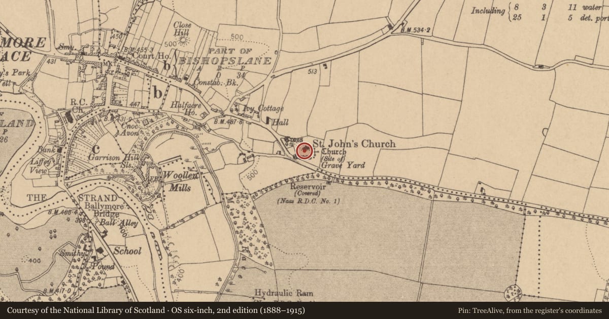 Ordnance Survey six-inch map, 2nd edition (1888–1915) covering the location of Graveslab, Ballymore Eustace East, County Kildare, with a pin at the register's coordinates